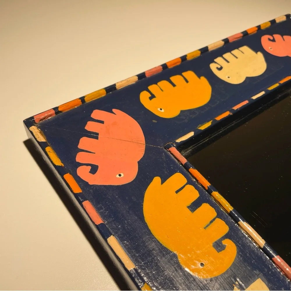 VTG Hand Painted Framed Rectangular Wall Mirror Elephant Motif Blue Orange